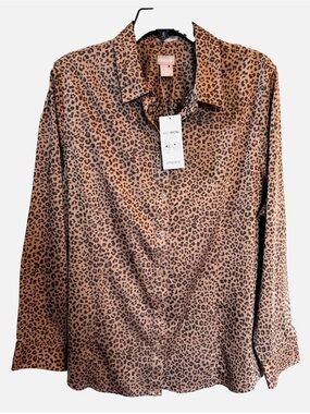 Chico’s No Iron Coolmax Leopard Print Button Down Shirt Size 3 16/18 NWT